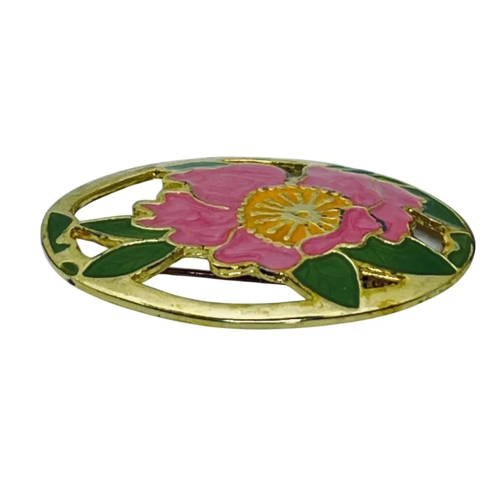 Pink & Green Enamel And Gold Tone Lotus Flower Brooch Made In Thailand (5643) - Picture 4 of 5